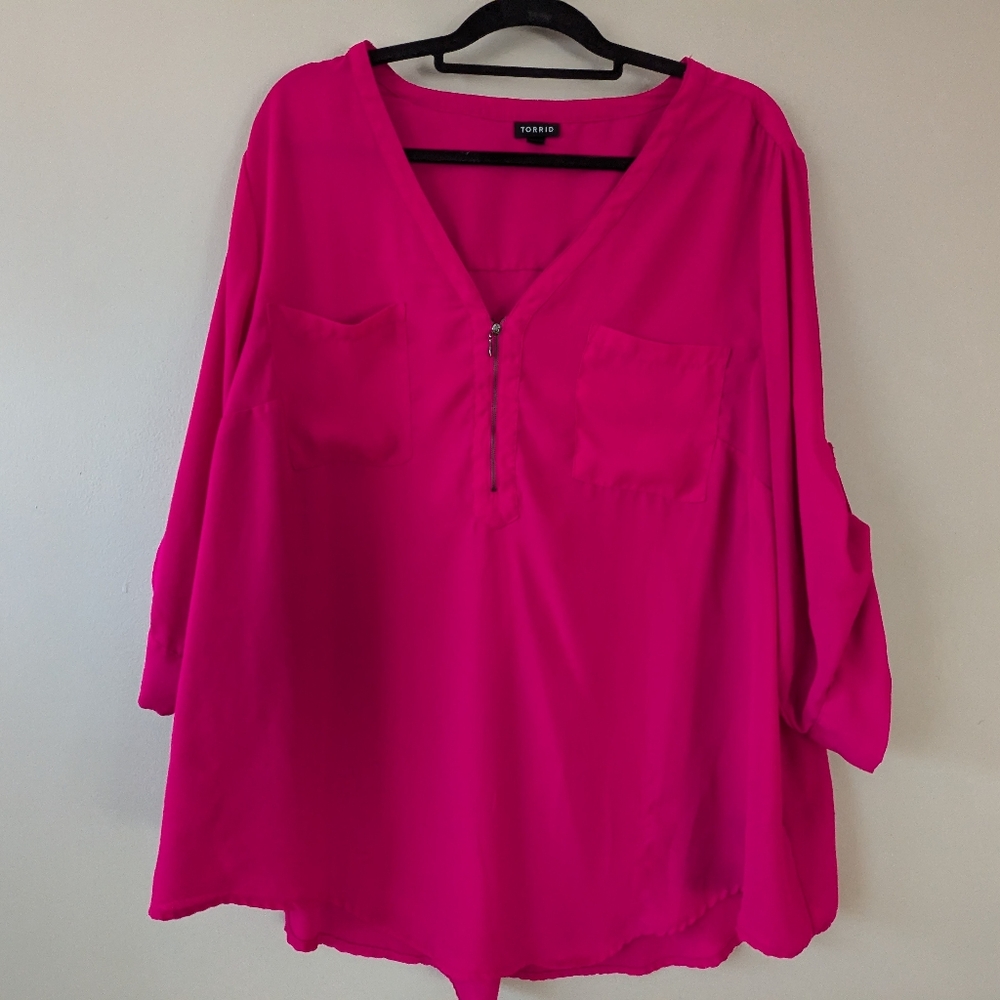 Torrid Pink 3/4 Sleeve Blouse with V-Neck and Relaxed Style